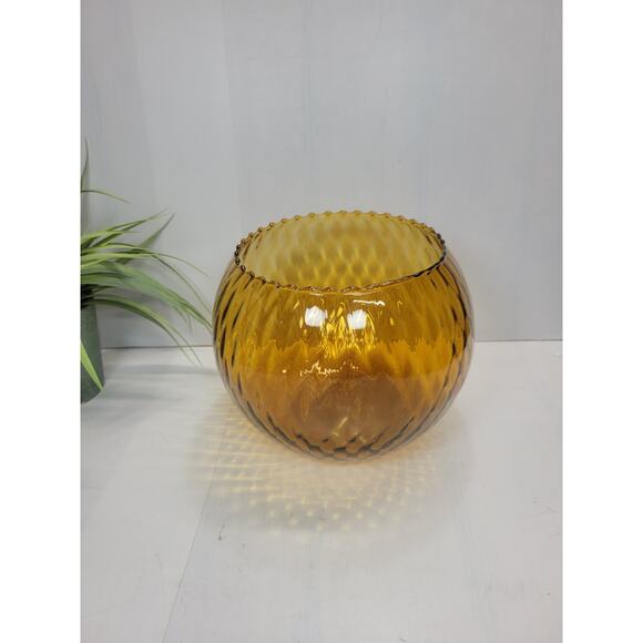 Vintage Empoli Italian Amber Bowl Art Glass Vase Diamond Optic - Picture 1 of 4